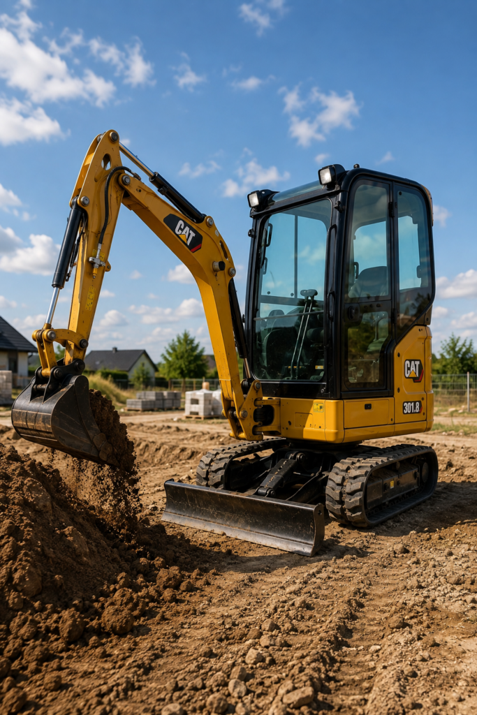 żółta minikoparka firmy CAT 301.8 stojąca na placu budowy